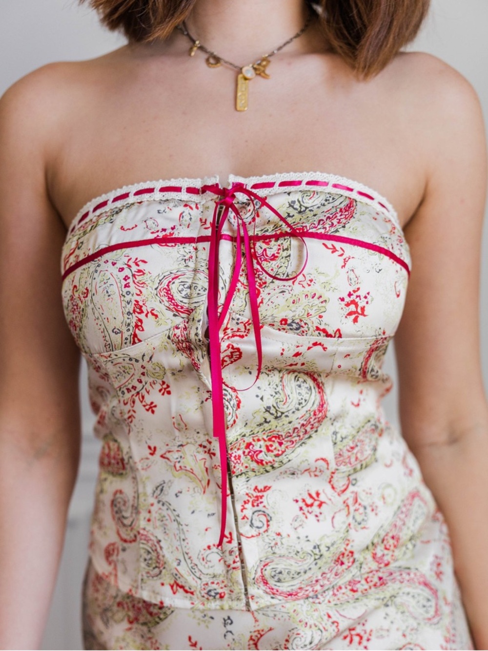 Strapless Paisley Top with Detailed Trim